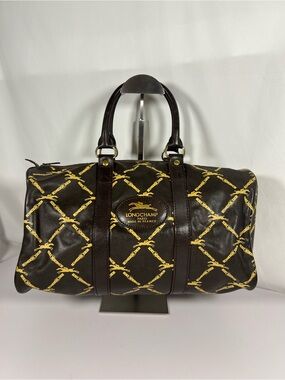3108: Longchamp Vintage Logo Print Leather Boston Duffel Travel Bag France